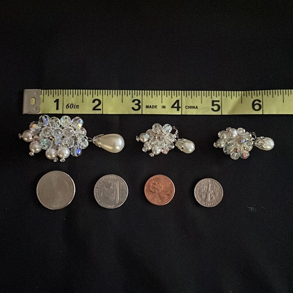 Vintage Faux Pearl Crystal Bead Brooch Pin and Clip On Earring Set - Picture 7 of 7